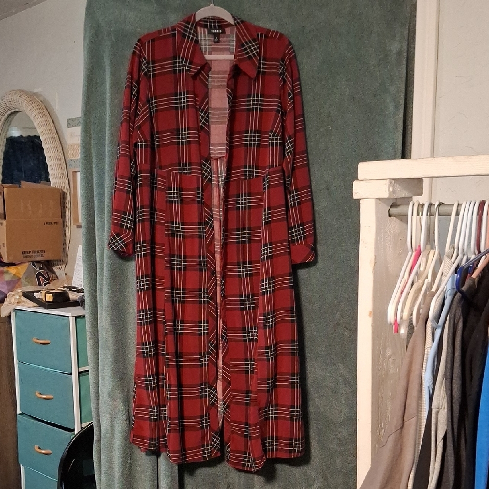Red Plaid Longline Over Shirt.
